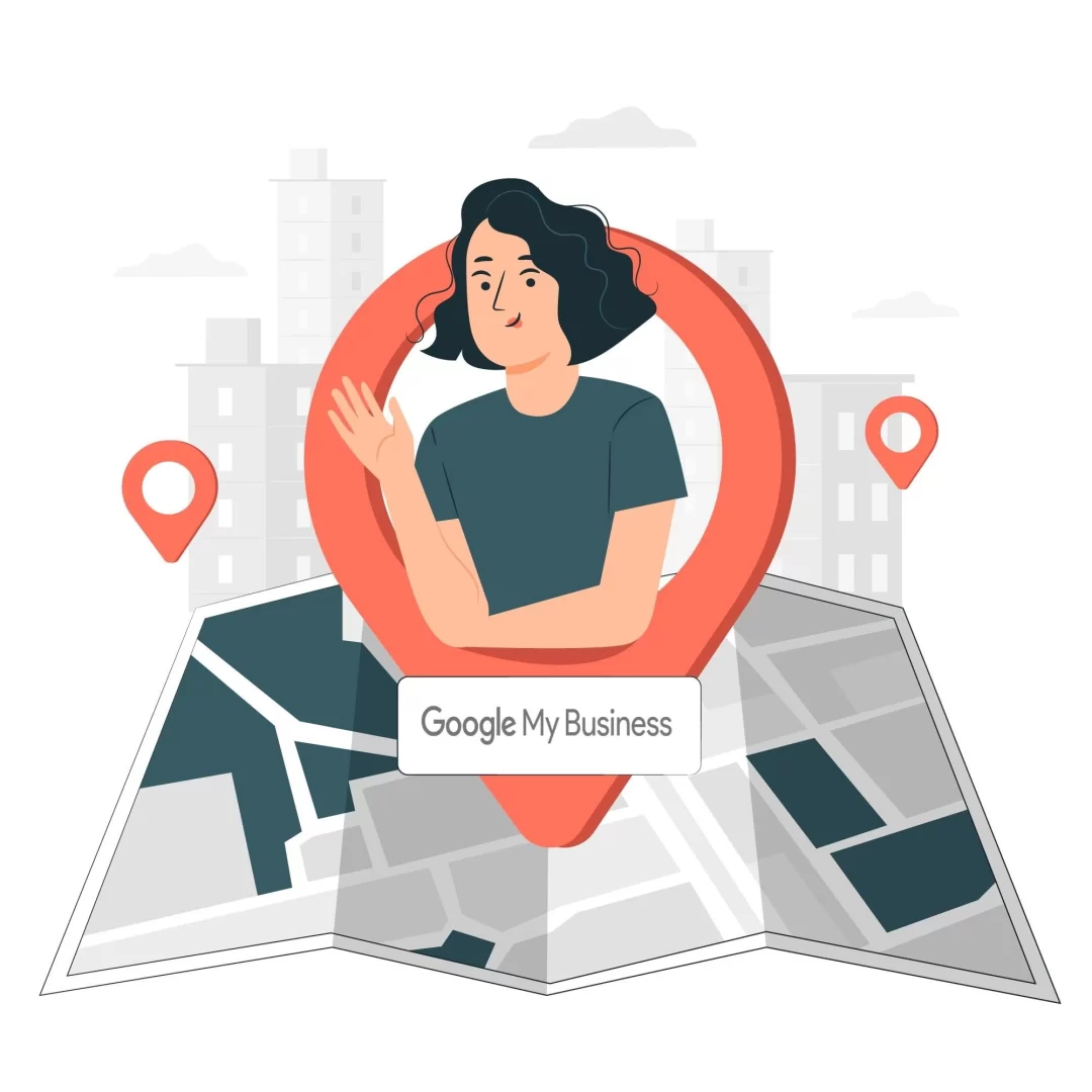 Una persona sin rostro dentro de un marcador de ubicación grande, con el texto “Google My Business” en un mapa estilizado, simbolizando la presencia local en línea.